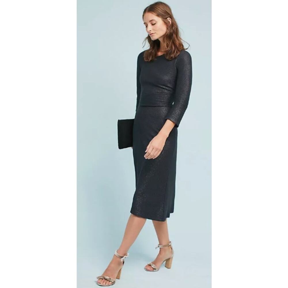 Akemi Kin EST‎ Size M Anthropologie Tegan Shimmer Metallic 3/4 Sleeve Midi Dress